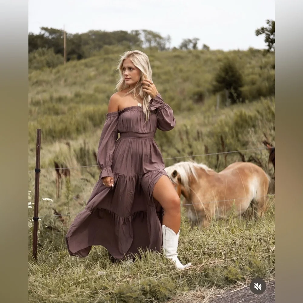 Nwt brown Off-Shoulder Maxi Dress cottage core‎ whimsical - Picture 15 of 15